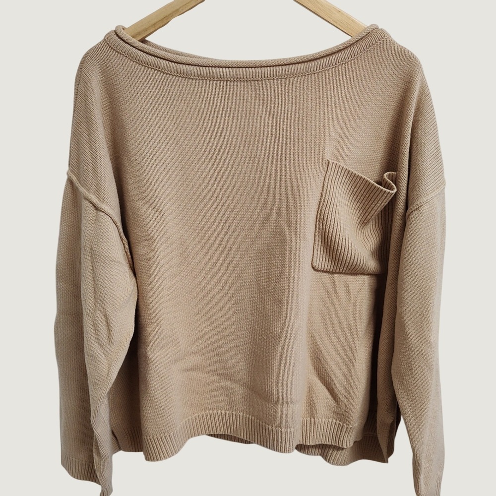 Pink Lily Women Tan Boat Neck Oversized Pullover Sweater Front Pocket Size S